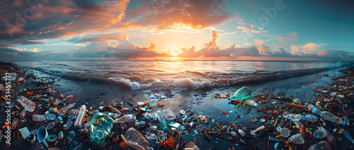 Blue ocean trash littered beach, seaside, beach ocean with waste plastic photo