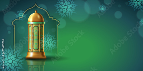 Green Islamic day banner copy space for text. islamic hanging lantern on Eid Al-Fitr, Eid al-Adha, Ramadhan vibes with ornament, hanging Arabic lantern simple PNG