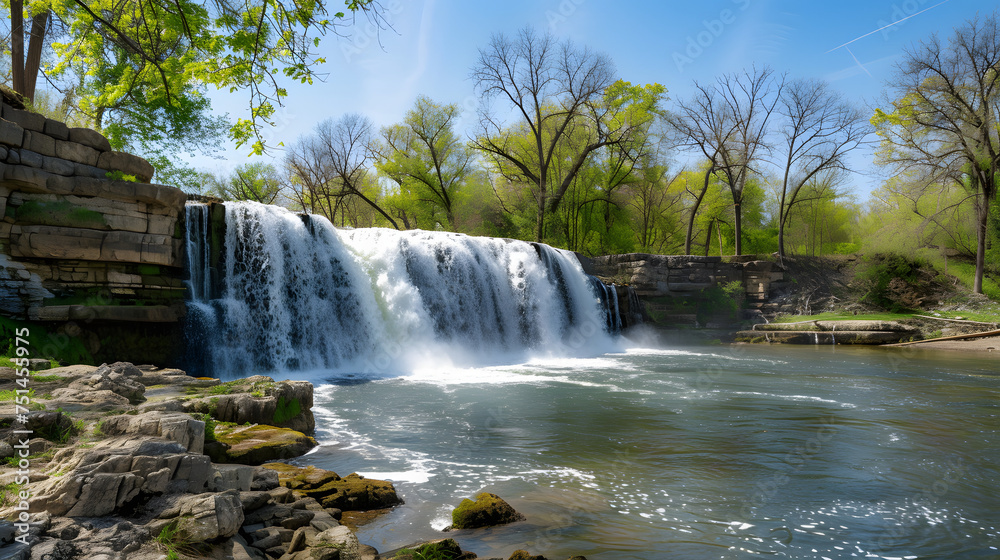 Obraz premium Spring Blossoms by the Waterfall: Captivating Scene with Wildflowers or Cherry Blossoms in Full Bloom
