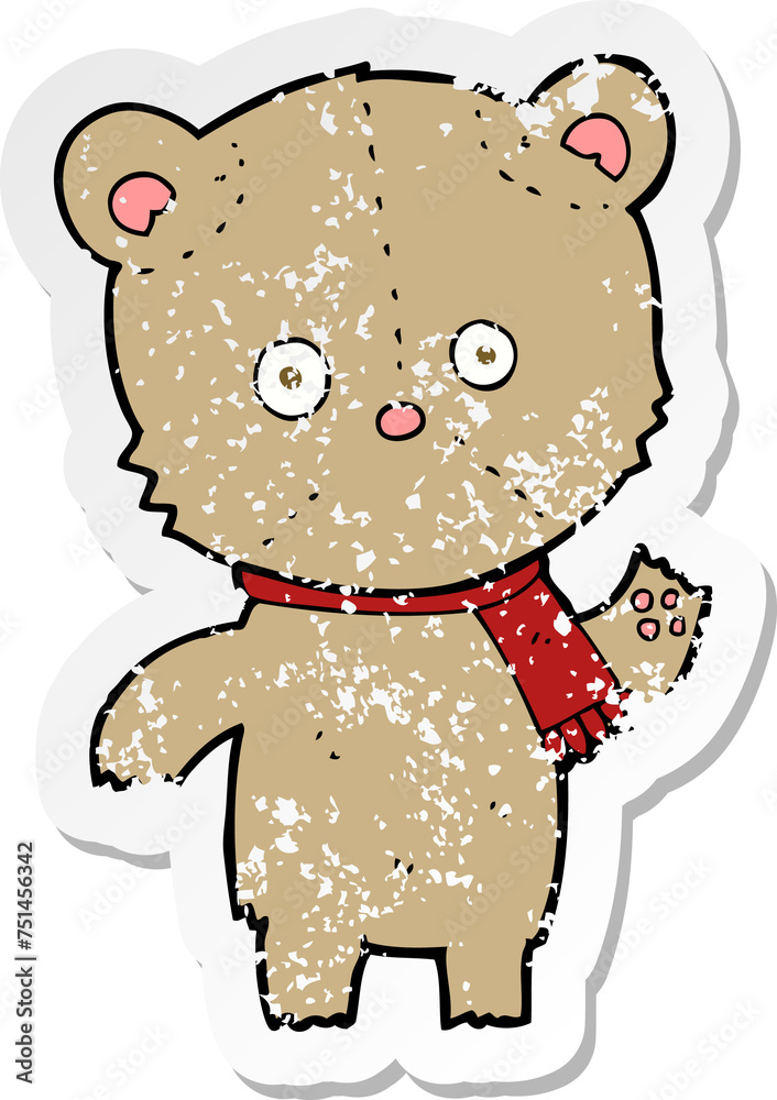 retro distressed sticker of a cartoon waving teddy bear retro distressed sticker of a cartoon waving teddy bear