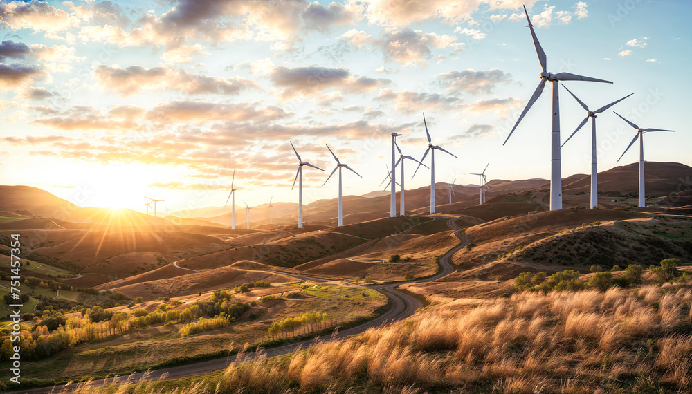 Naklejka premium Wind turbines at sunset