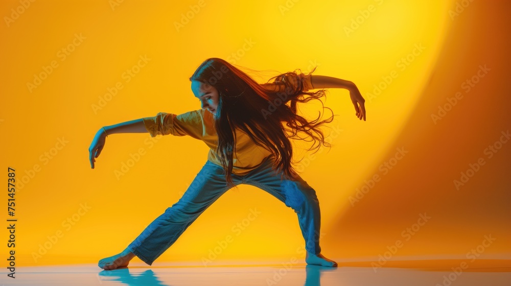 Modern jazz dancer young woman or girl wearing jeans and t-shirt passionately dancing in yellow bright sunlit studio or dancing room background