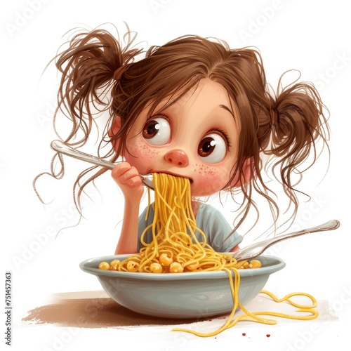 girl eats spaghetti bowl greedy design white background Job  photo