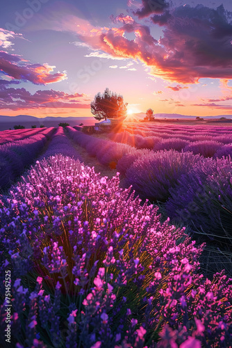 Beautiful lavender farm during sunset