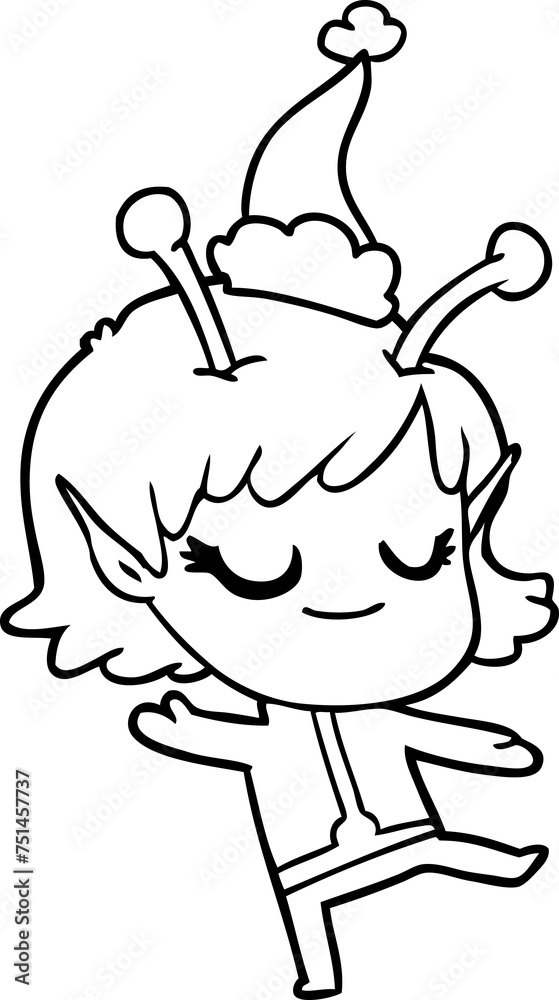 smiling alien girl line drawing of a wearing santa hat