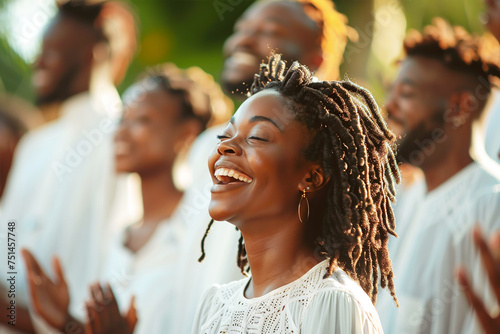 happy black woman close-up against of people in church choir in white festive clothes