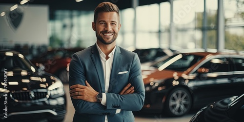 Professional luxury car salesman in luxury showroom. Smiling salesman in showroom. Expensive car. Car dealer business. Automotive industry. Luxury car agent. © Coosh448