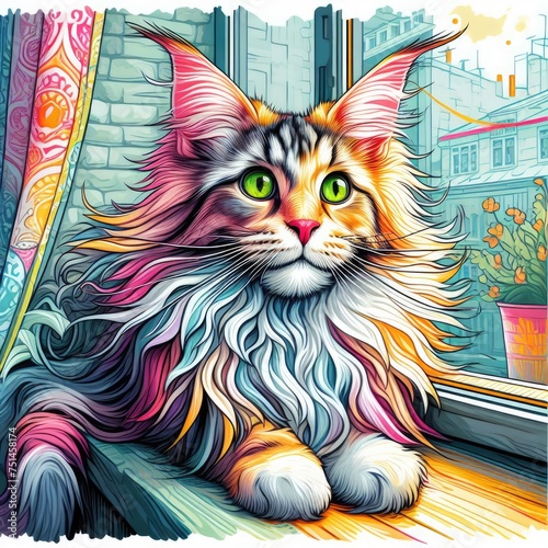Majestic Mane  Illustrated Portrait of a Stunning Maine Coon Cat