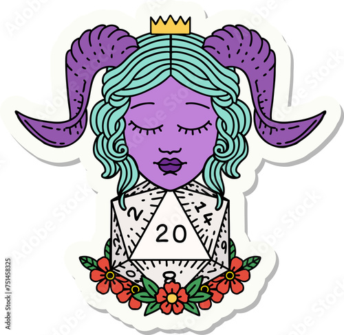tiefling with natural twenty d20 dice roll sticker