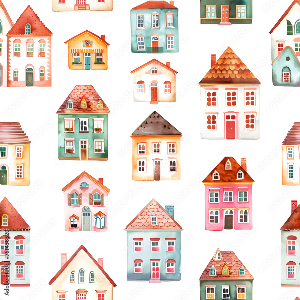 Seamless pattern with watercolor fancy houses