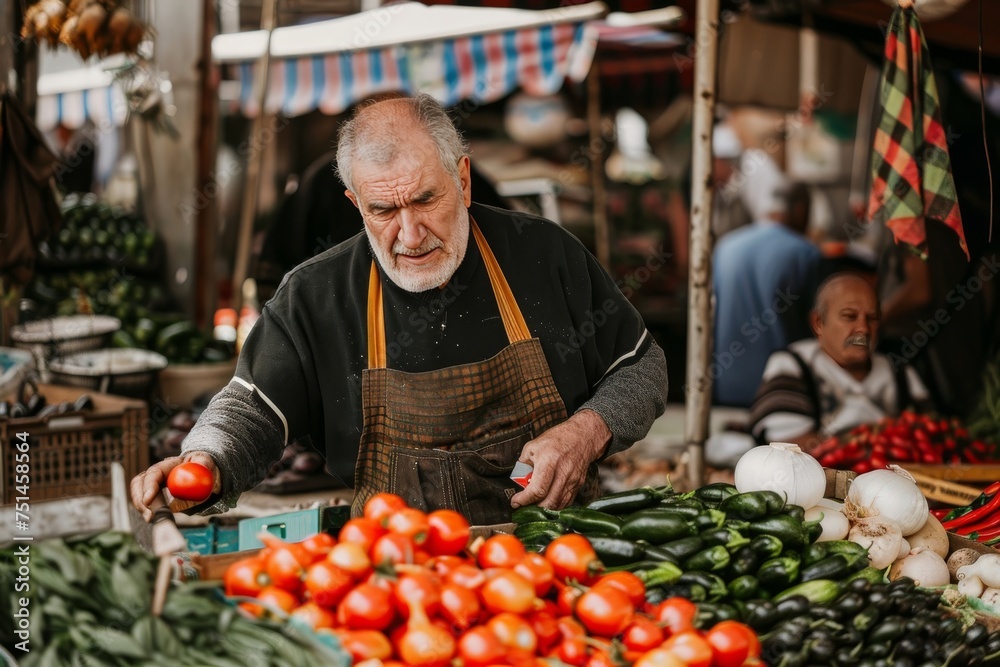 Vegetable Vendor at the Market. A man selling fresh vegetables at a vibrant market stall