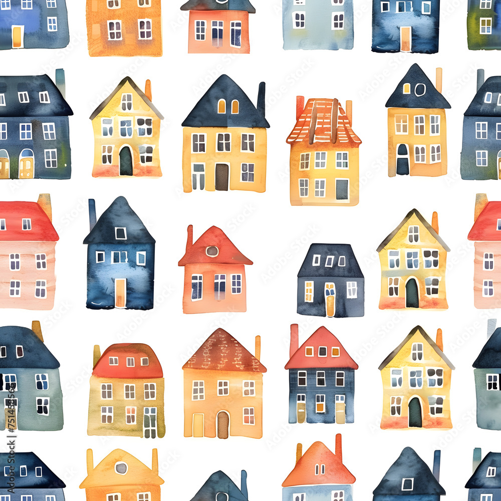 Seamless pattern with watercolor fancy houses