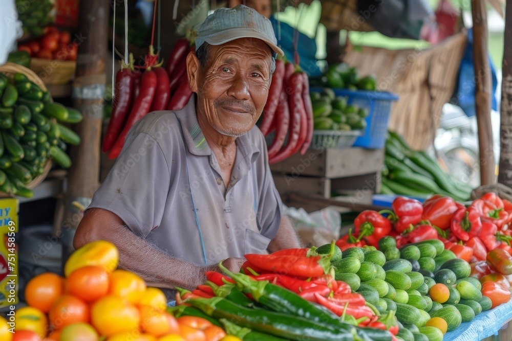 Vegetable Vendor at the Market. A man selling fresh vegetables at a vibrant market stall