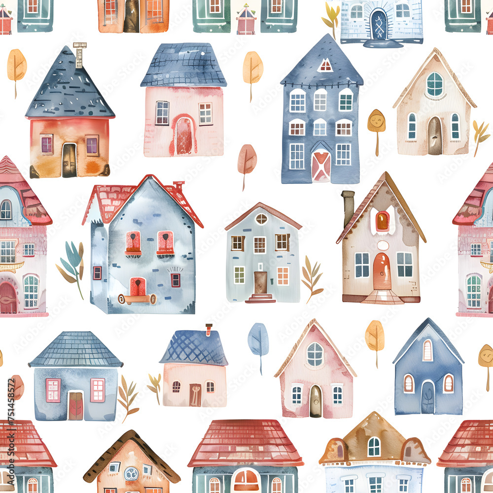 Seamless pattern with watercolor fancy houses Seamless pattern with watercolor fancy houses