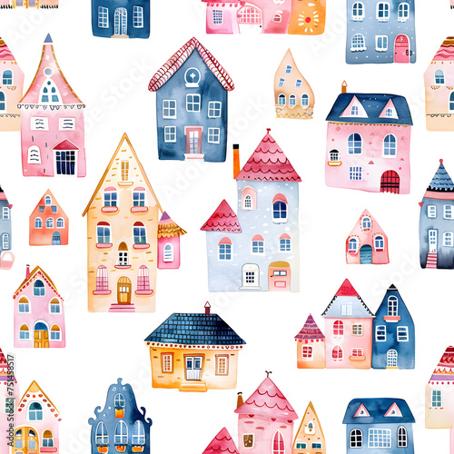 Seamless pattern with watercolor fancy houses