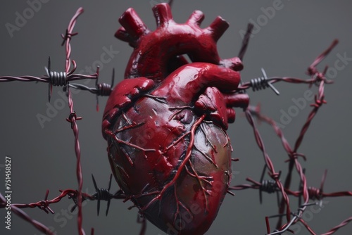Human Heart Wrapped in Barbed Wire. Conceptual representation of a human heart surrounded by sharp barbed wire