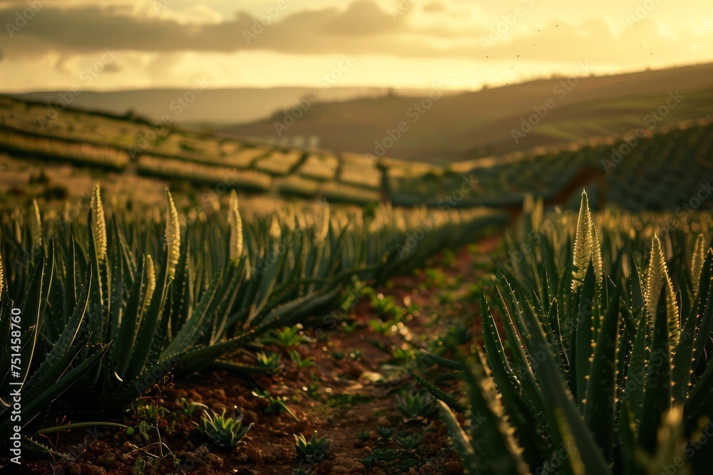 Fototapeta premium Aloe Plantation Landscape. Rows of thriving aloe vera plants growing in a sunlit plantation field.