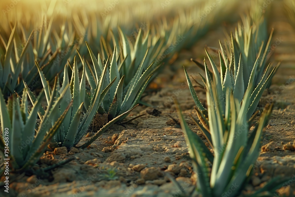 Aloe Plantation Landscape. Rows of thriving aloe vera plants growing in a sunlit plantation field. Aloe Plantation Landscape. Rows of thriving aloe vera plants growing in a sunlit plantation field.