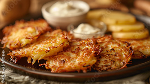 A platter of crispy potato latkes with applesauce