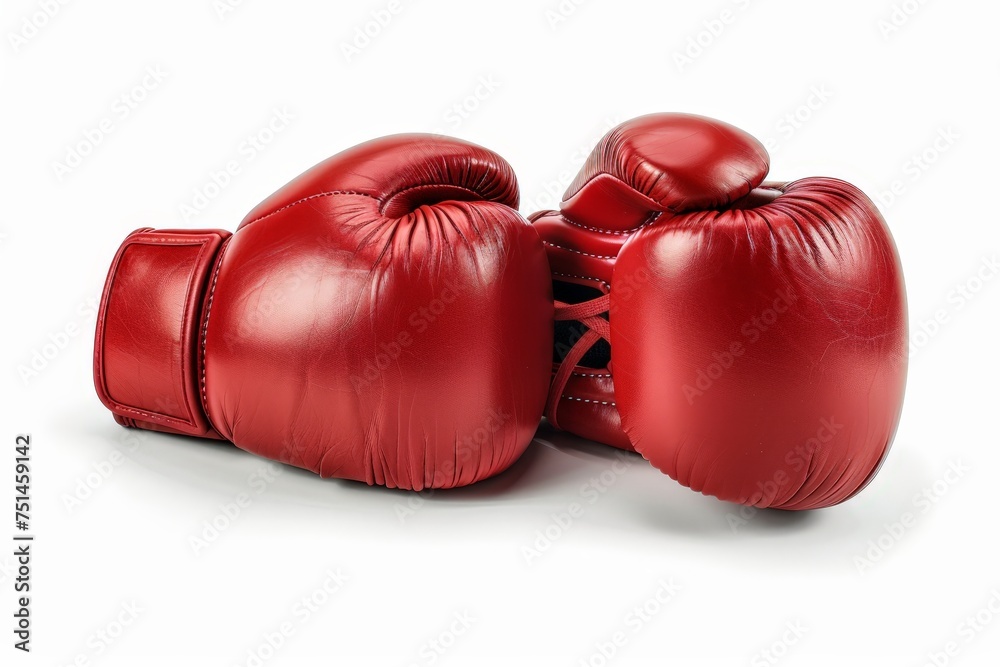 Two red boxing gloves are laid on a white background