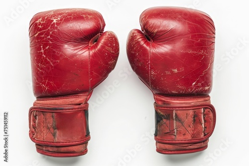 Two old red boxing gloves with a worn leather look © Aliaksandr Siamko