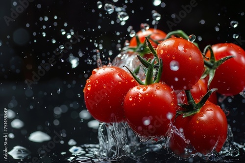 Tomatoes with Water Splash on Black Background. Vibrant tomatoes captured mid-splash against a sleek black backdrop, perfect for culinary and food-themed designs.