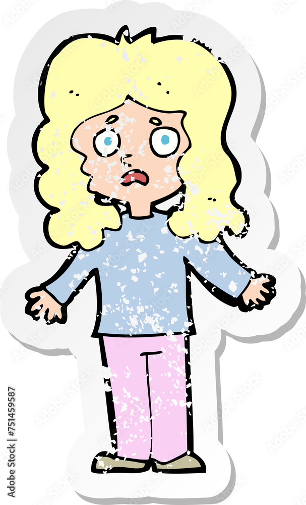 retro distressed sticker of a cartoon worried woman retro distressed sticker of a cartoon worried woman