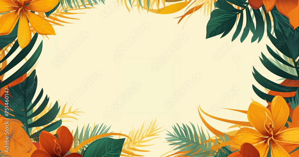 a tropical background with palm leaves and flowers on a white background with a place for text or image in the center, generative ai