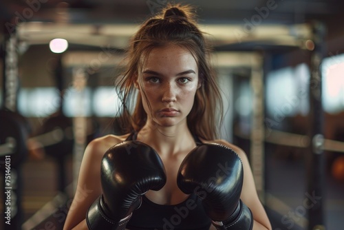 A woman wearing boxing gloves and a ponytail
