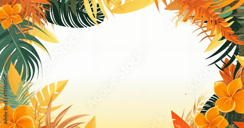 a tropical background with palm leaves and flowers on a white background with a place for text or image in the center, generative ai
