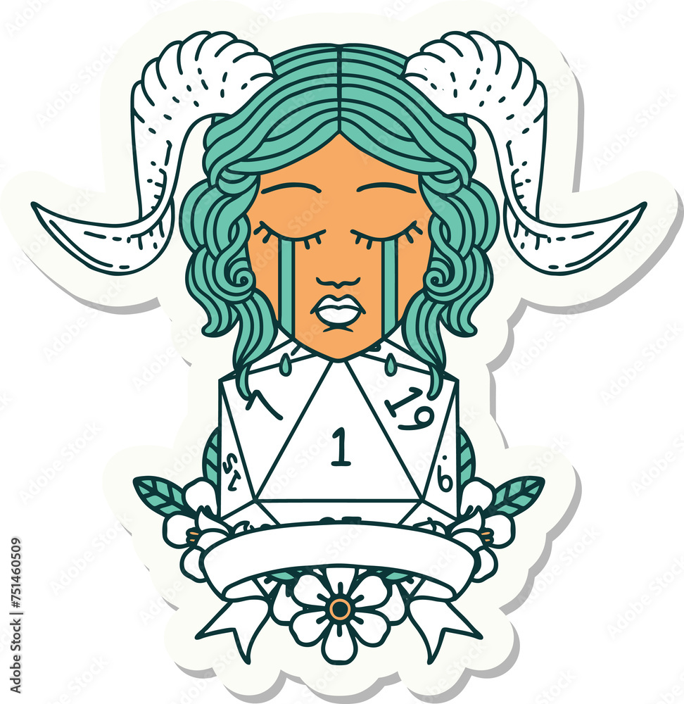 crying tiefling face with natural 1 D20 Dice sticker crying tiefling face with natural 1 D20 Dice sticker