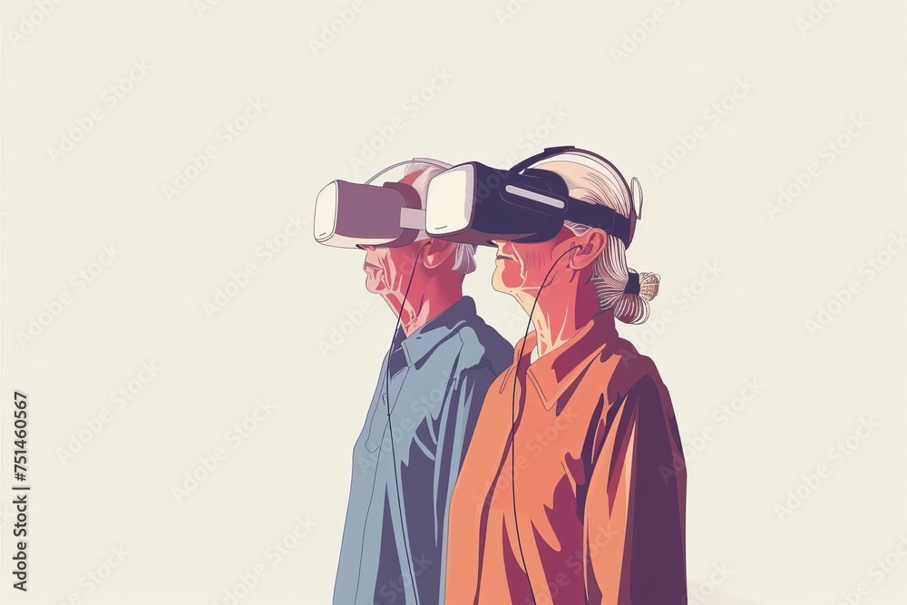 Elderly Couple Using VR Headset on White Background. Senior couple experiencing virtual reality together with VR headset Elderly Couple Using VR Headset on White Background. Senior couple experiencing virtual reality together with VR headset