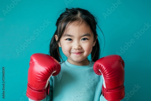 A young girl wearing red boxing gloves is smiling and posing for a picture © Aliaksandr Siamko