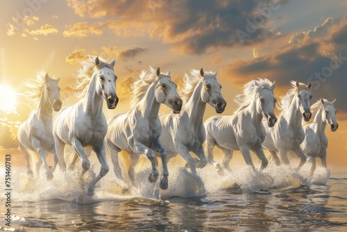White Horses Herd in Wild, Running Stallion by Seaside, Beautiful Grey Horse, Sun Rays, Copy Space photo