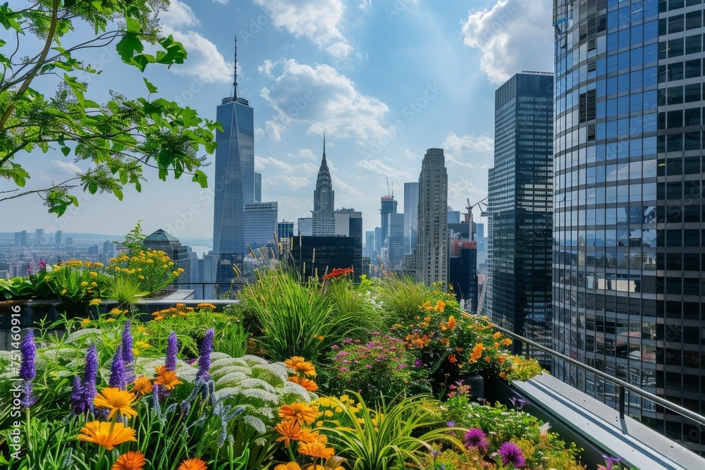 Fototapeta premium Rooftop Garden. Lush rooftop garden oasis with vibrant greenery, providing urban dwellers with a serene and sustainable retreat.