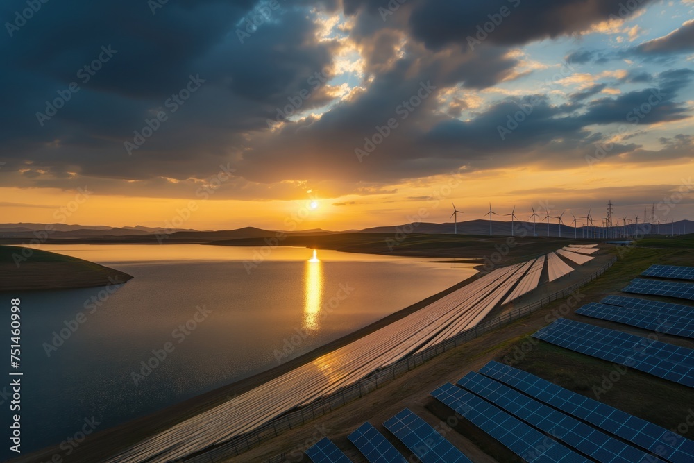Magazine photo story on renewable energy solutions featuring solar panels wind turbines and hydroelectric power plants captured at sunset for a hopeful vibe