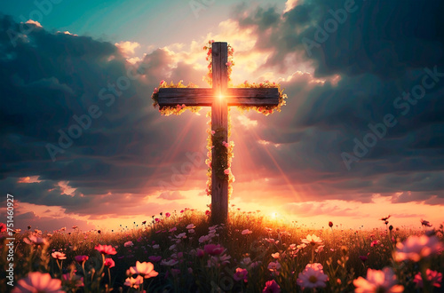 A glowing cross in a spring landscape with pink roses. Concept of love and mercy of God. Can be used as wallpaper.