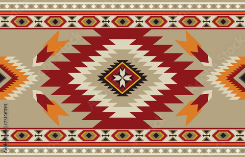 Ethnic tribal colorful beige background. Seamless tribal pattern, folk embroidery, tradition geometric Aztec ornament. Tradition Native and Navaho design for fabric, textile, print, rug, paper