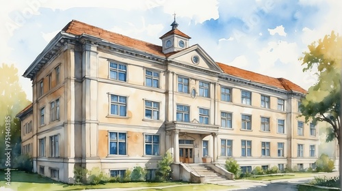 Watercolor architectural illustration of an old hospital building from Generative AI