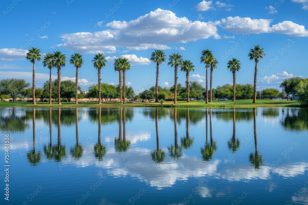 A beautiful view of a lake with palm trees in the background