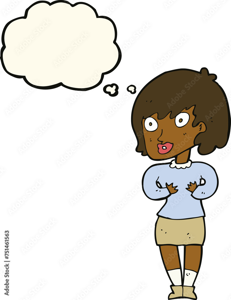 cartoon woman making Who Me? gesture with thought bubble cartoon woman making Who Me? gesture with thought bubble