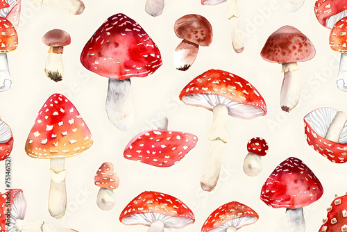 Seamless pattern with watercolor fly agaric mushrooms