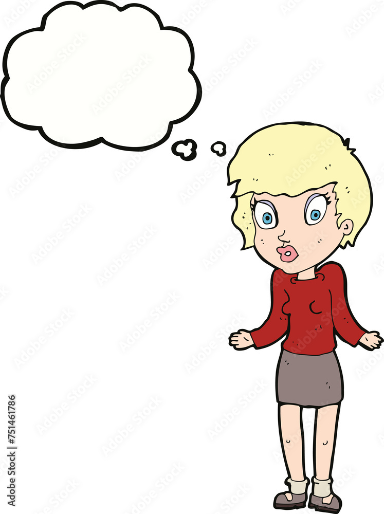 cartoon woman shrugging shoulders with thought bubble cartoon woman shrugging shoulders with thought bubble