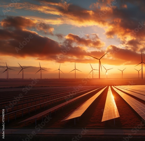  a renewable energy farm with rows of wind turbines or solar panels at sunset symbolizing the shift towards sustainable industrial practices