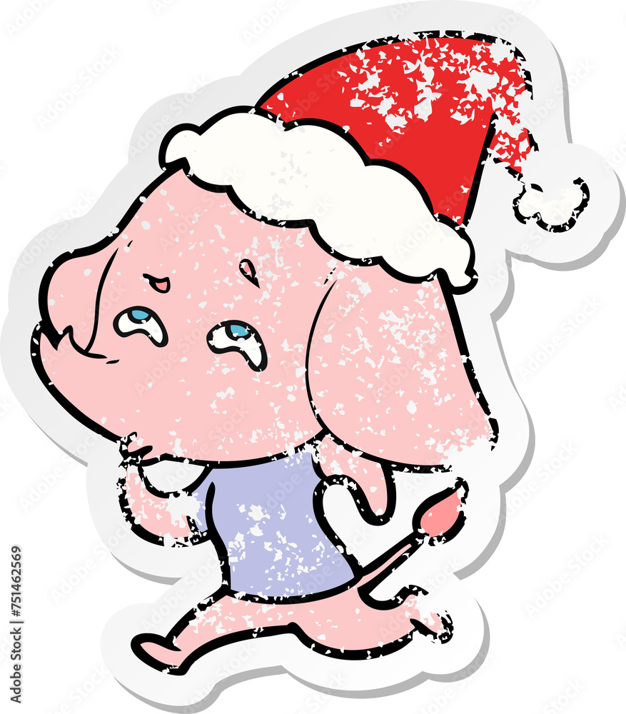 distressed sticker cartoon of a elephant remembering wearing santa hat distressed sticker cartoon of a elephant remembering wearing santa hat