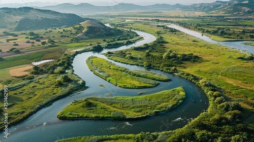 aerial cenital picture of meanders in river  photo