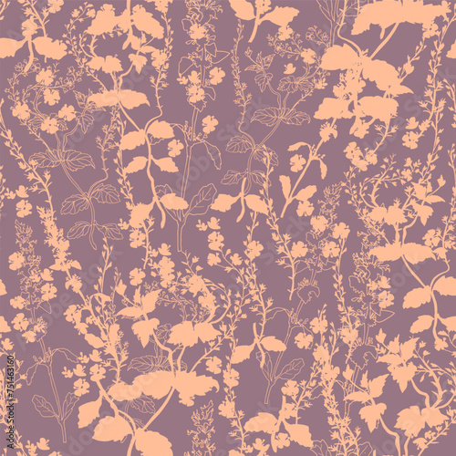 Peach fuzz silhouettes of wild herbs and grasses on calm earth background. Trendy color floral seamless pattern for wallpaper, textile, bedding, package. Vector illustration