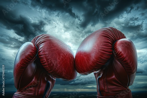 Two red boxing gloves are shown in the air, with the sky behind them