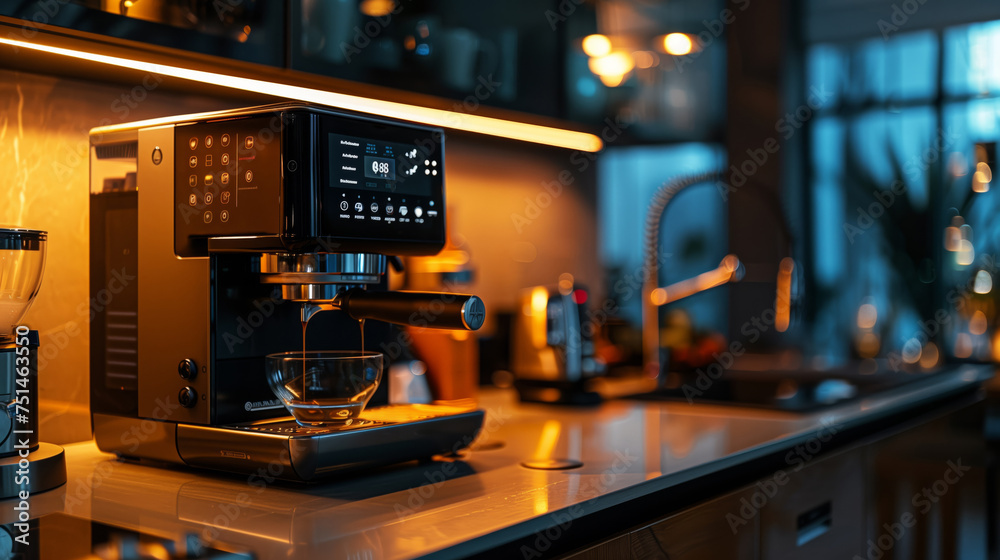 Fototapeta premium Modern technological kitchen with appliances coffee machine cooker and refrigerator