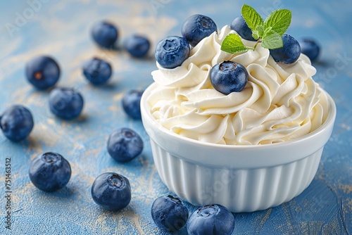 a bowl of whipped cream and blueberries